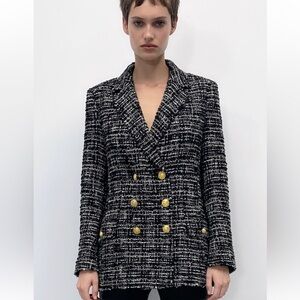 Zara Black & White Double Breasted Textured Weave Jacket - NWT